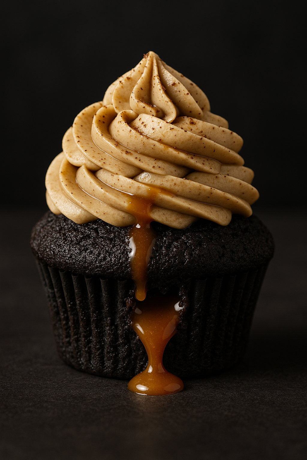 Dark chocolate gourmet cupcake with rich frosting swirl
